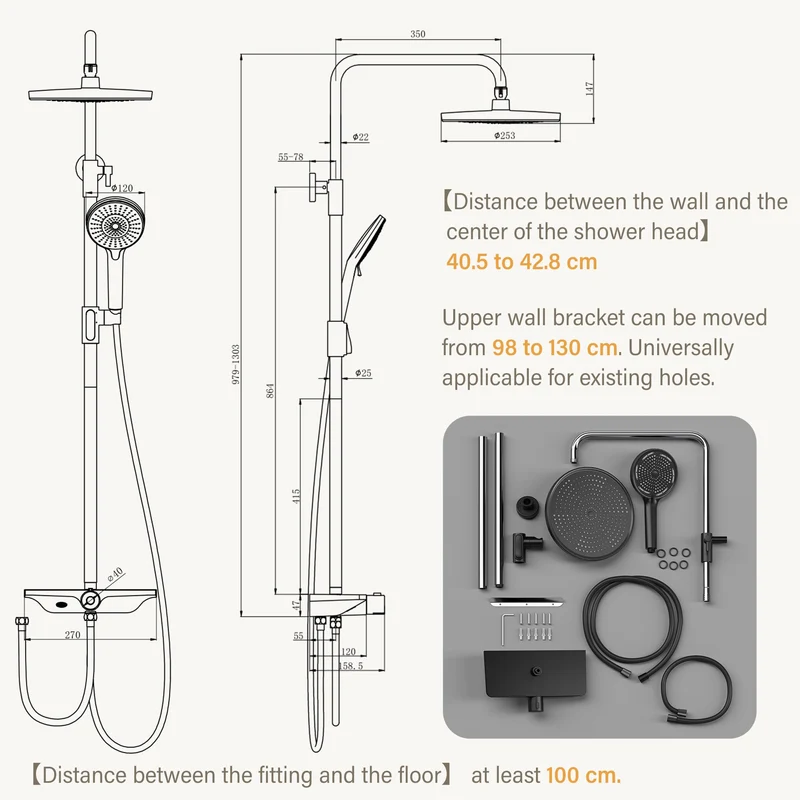 GARVEE Doccia a pioggia senza rubinetto con mensola, sistema doccia regolabile in acciaio inox, 25 cm nero + cromo