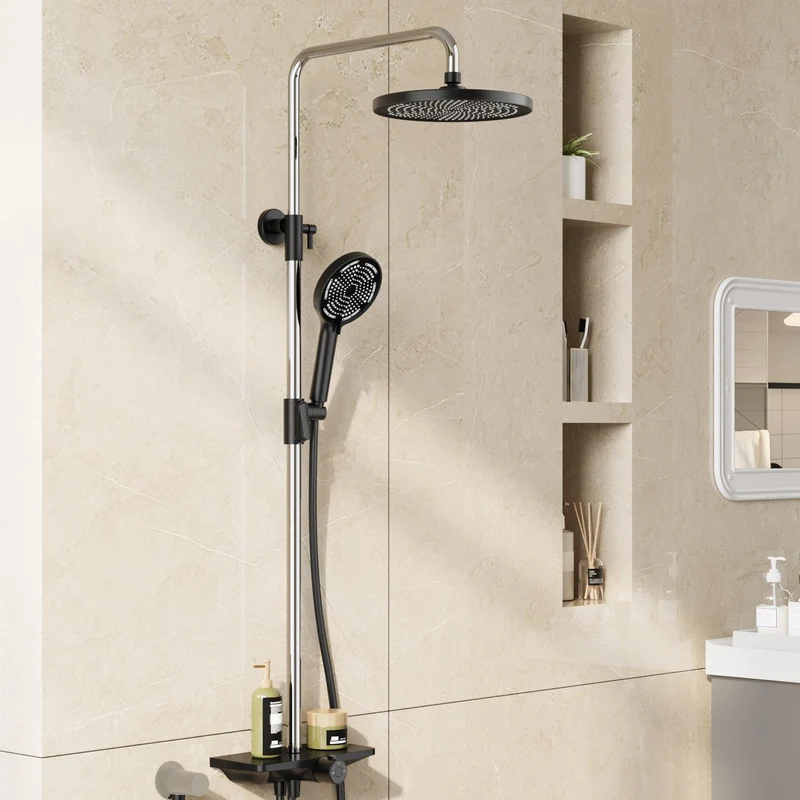 GARVEE Doccia a pioggia senza rubinetto con mensola, sistema doccia regolabile in acciaio inox, 25 cm nero + cromo