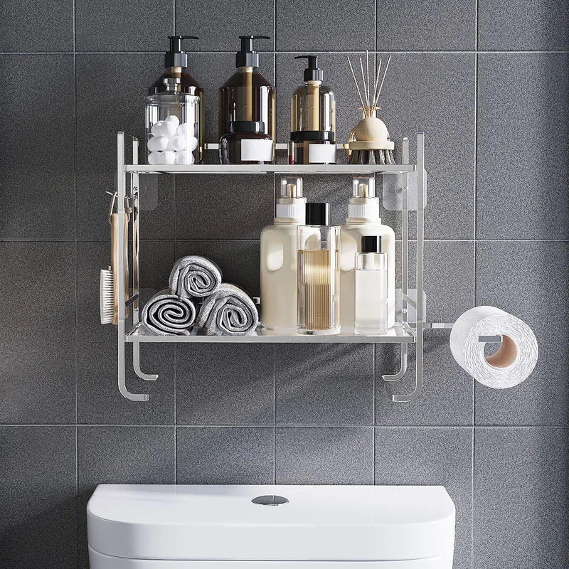 Mensole da bagno GARVEE, 2 ripiani con porta carta igienica e 2 ganci, argento, 45x16x36 cm, salvaspazio moderno