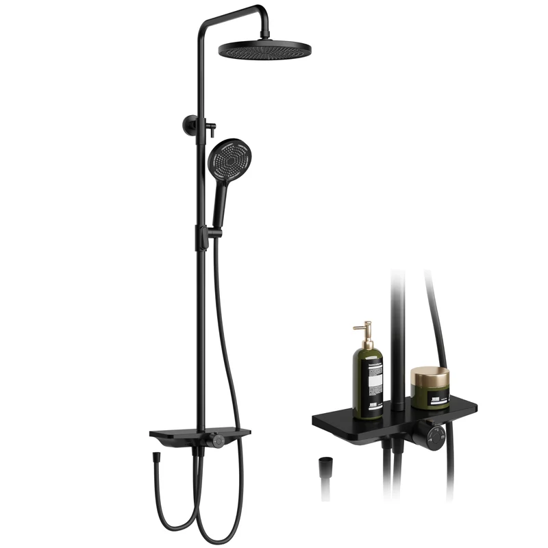 GARVEE Doccia a pioggia senza rubinetto con mensola, sistema doccia regolabile in acciaio inox per doccia, 25 cm nero