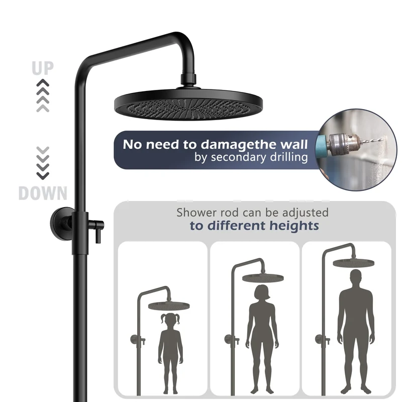 GARVEE Doccia a pioggia senza rubinetto con mensola, sistema doccia regolabile in acciaio inox per doccia, 25 cm nero