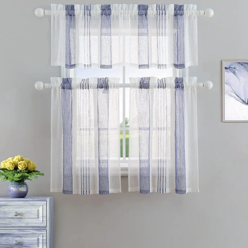 GARVEE Tende trasparenti da cucina blu navy 27x36" in poliestere semitrasparente a righe 2 pannelli per cucina e bagno