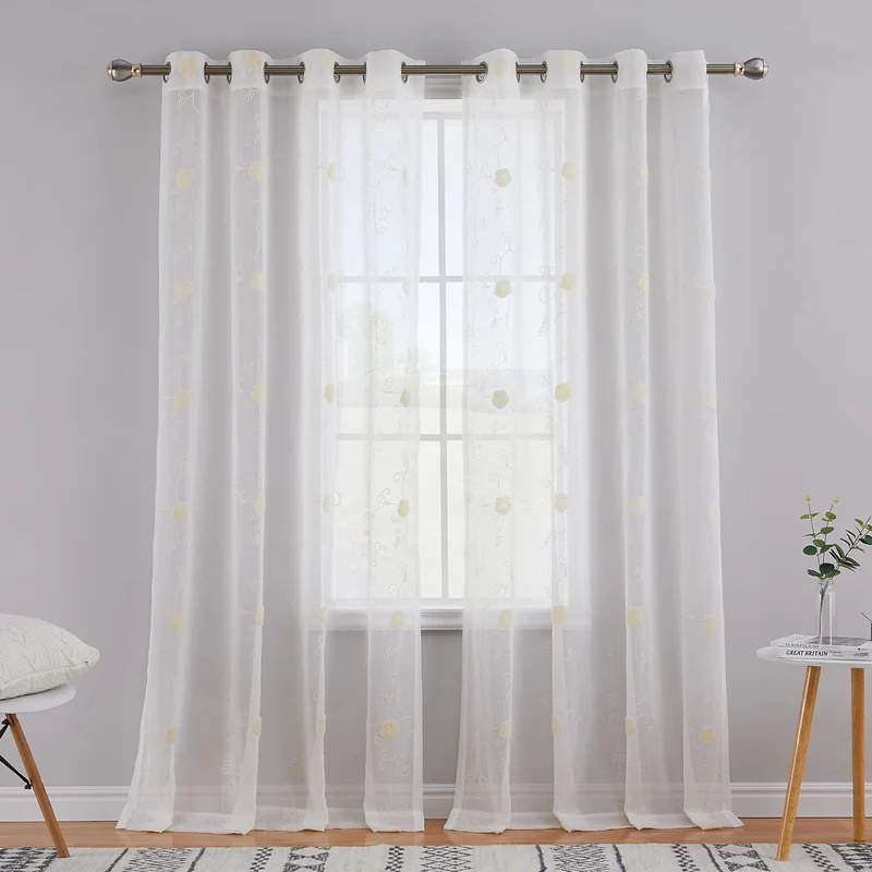 GARVEE Tenda trasparente per cucina, mezza tenda con motivo floreale, tende in voile per bagno, 140x260 cm, beige