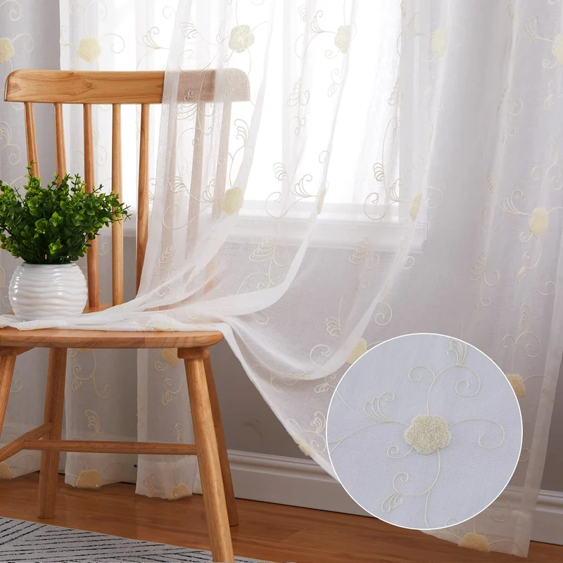 Tenda in voile GARVEE con motivo floreale, semitrasparente, beige, 140x245 cm, per cucina e bagno, leggera, facile da pulire