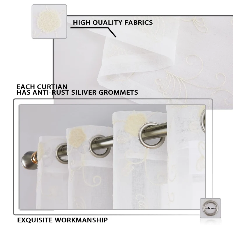 Tenda in voile GARVEE con motivo floreale, semitrasparente, beige, 140x245 cm, per cucina e bagno, leggera, facile da pulire