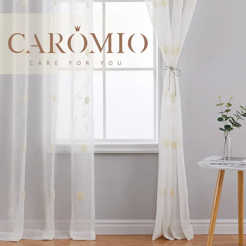 Tenda in voile GARVEE con motivo floreale, semitrasparente, beige, 140x245 cm, per cucina e bagno, leggera, facile da pulire