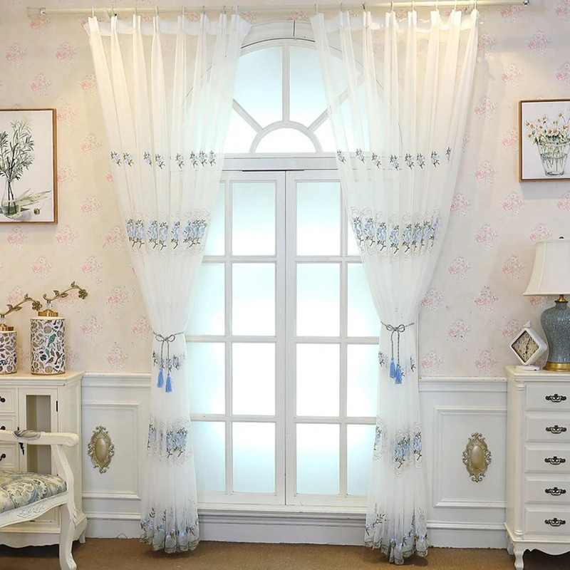 GARVEE Tende trasparenti con fiori blu, tende a rete ricamate, tende in voile per soggiorno, camera da letto, 1 m x 1,2 m