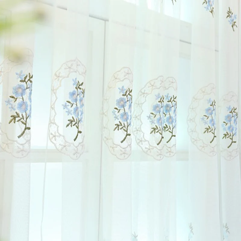 GARVEE Tende trasparenti con fiori blu, tende a rete ricamate, tende in voile per soggiorno, camera da letto, 1 m x 1,2 m