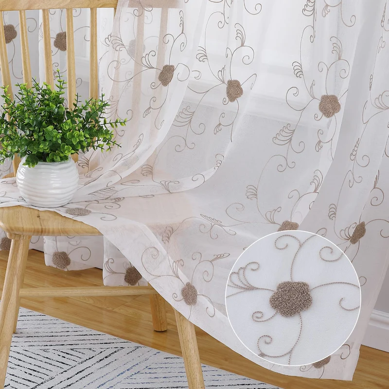 Tende in voile GARVEE con motivo floreale, semitrasparenti, in poliestere leggero, marrone, 140x245 cm, per cucina e bagno