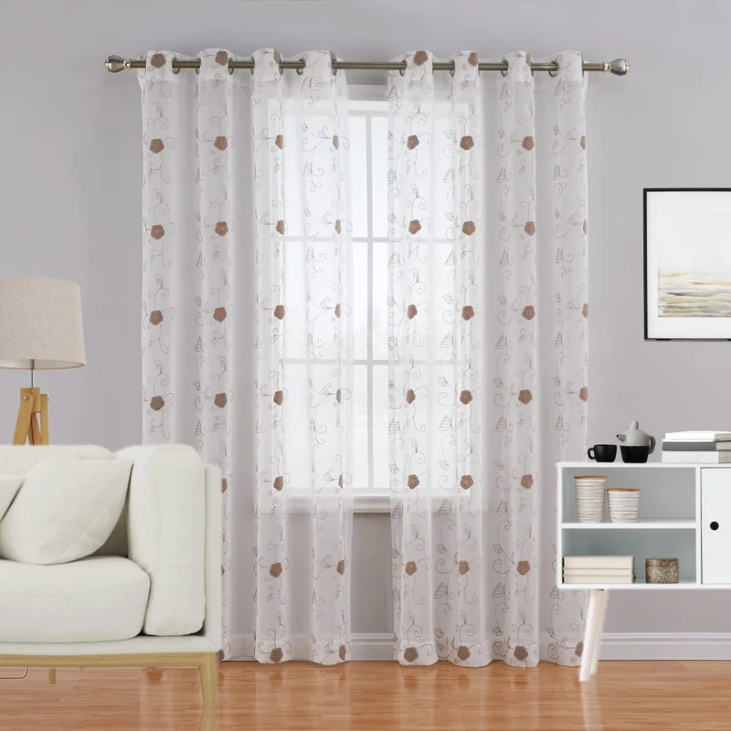 Tende in voile GARVEE con motivo floreale, semitrasparenti, in poliestere leggero, marrone, 140x245 cm, per cucina e bagno