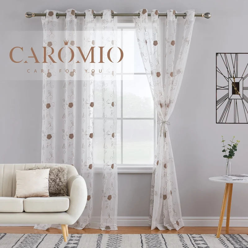 Tende in voile GARVEE con motivo floreale, semitrasparenti, in poliestere leggero, marrone, 140x245 cm, per cucina e bagno