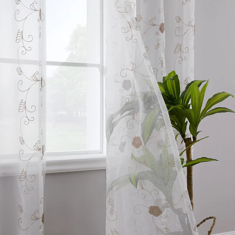 Tende in voile GARVEE con motivo floreale, semitrasparenti, in poliestere leggero, marrone, 140x245 cm, per cucina e bagno