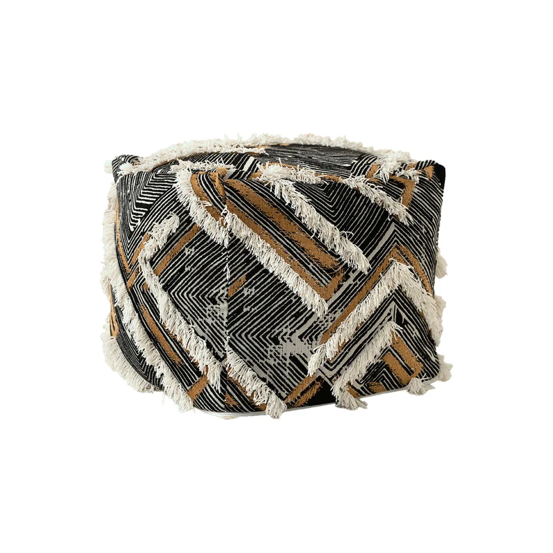 Gefüllter Bodensitzpouf im Ethno-Jacquard mit dekorativen Fransen Karnz