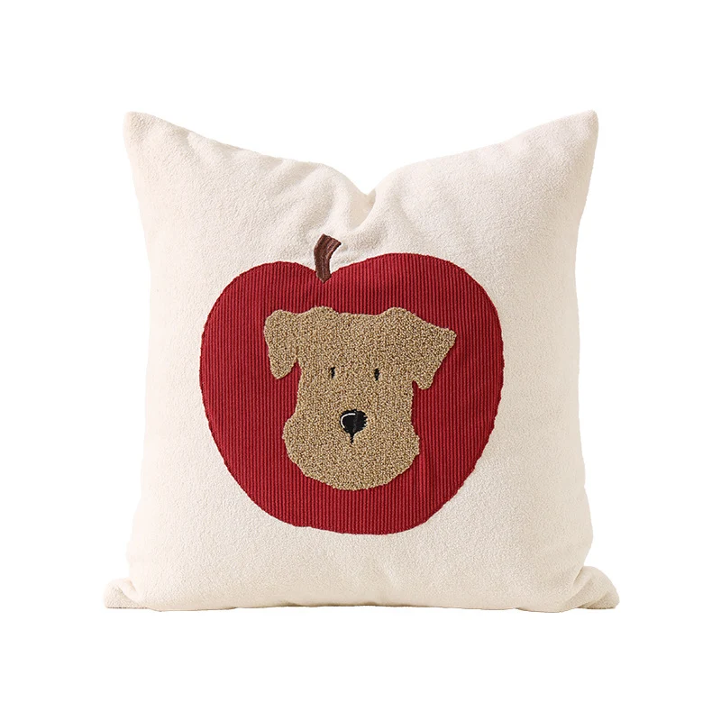 Dekoratives Kissen mit gesticktem Hunde-Apfel-Motiv und weichem Frottee-Bezug Karnz