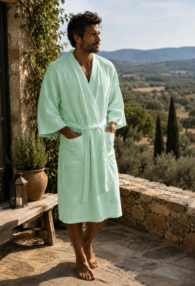 Langer Herren-Bademantel Kimono aus minzgrünem Leinen - Nelson