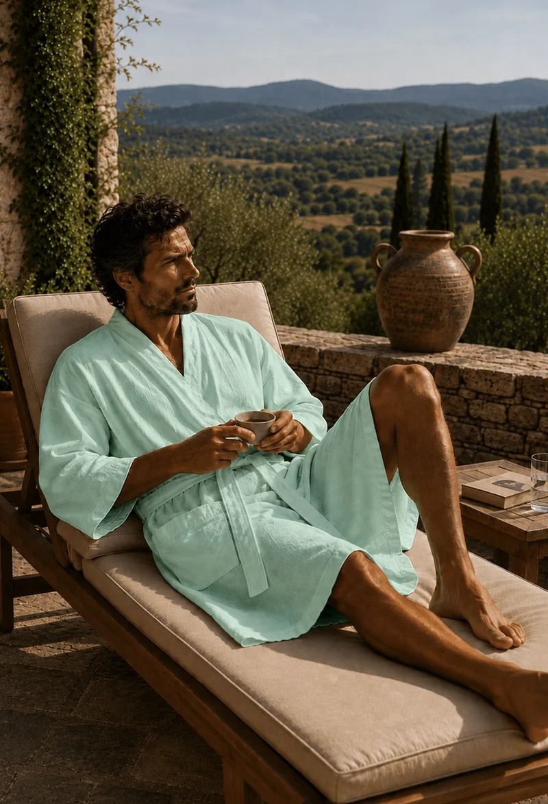 Langer Herren-Bademantel Kimono aus minzgrünem Leinen - Nelson