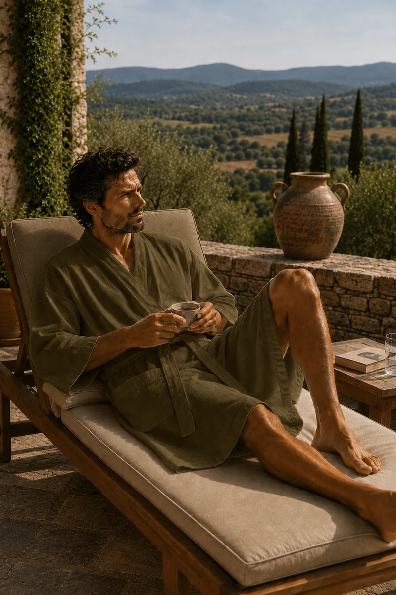 Langer Herren-Bademantel Kimono aus olivgrünem Leinen - Nelson