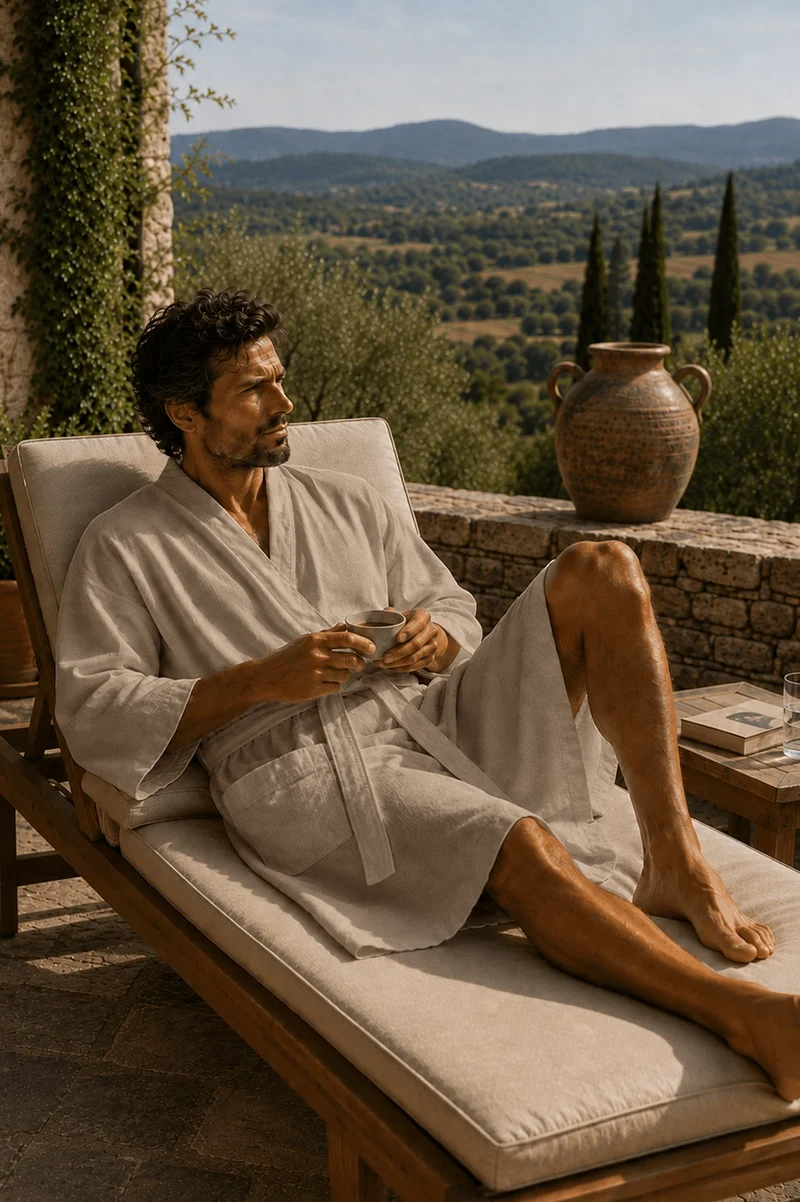 Langer Herren-Bademantel Kimono aus naturbeigem Leinen - Nelson