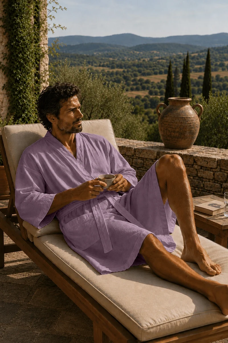 Langer Herren-Bademantel Kimono aus lilafarbenem Leinen - Nelson