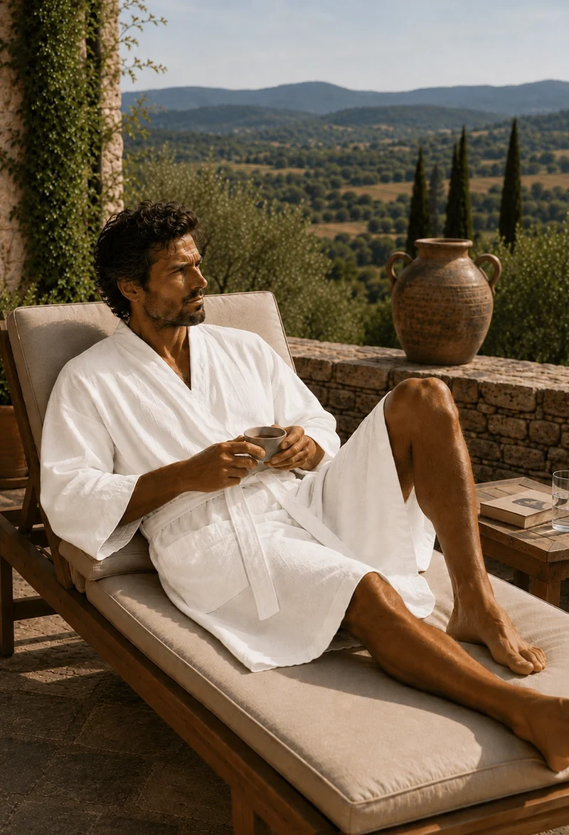 Langer Herren-Bademantel Kimono aus elfenbeinfarbenem Leinen - Nelson