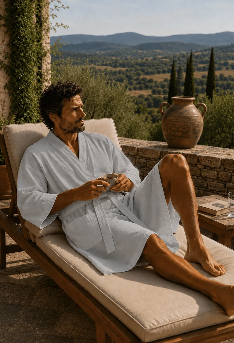 Langer Herren-Bademantel Kimono aus mineralgrauem Leinen - Nelson