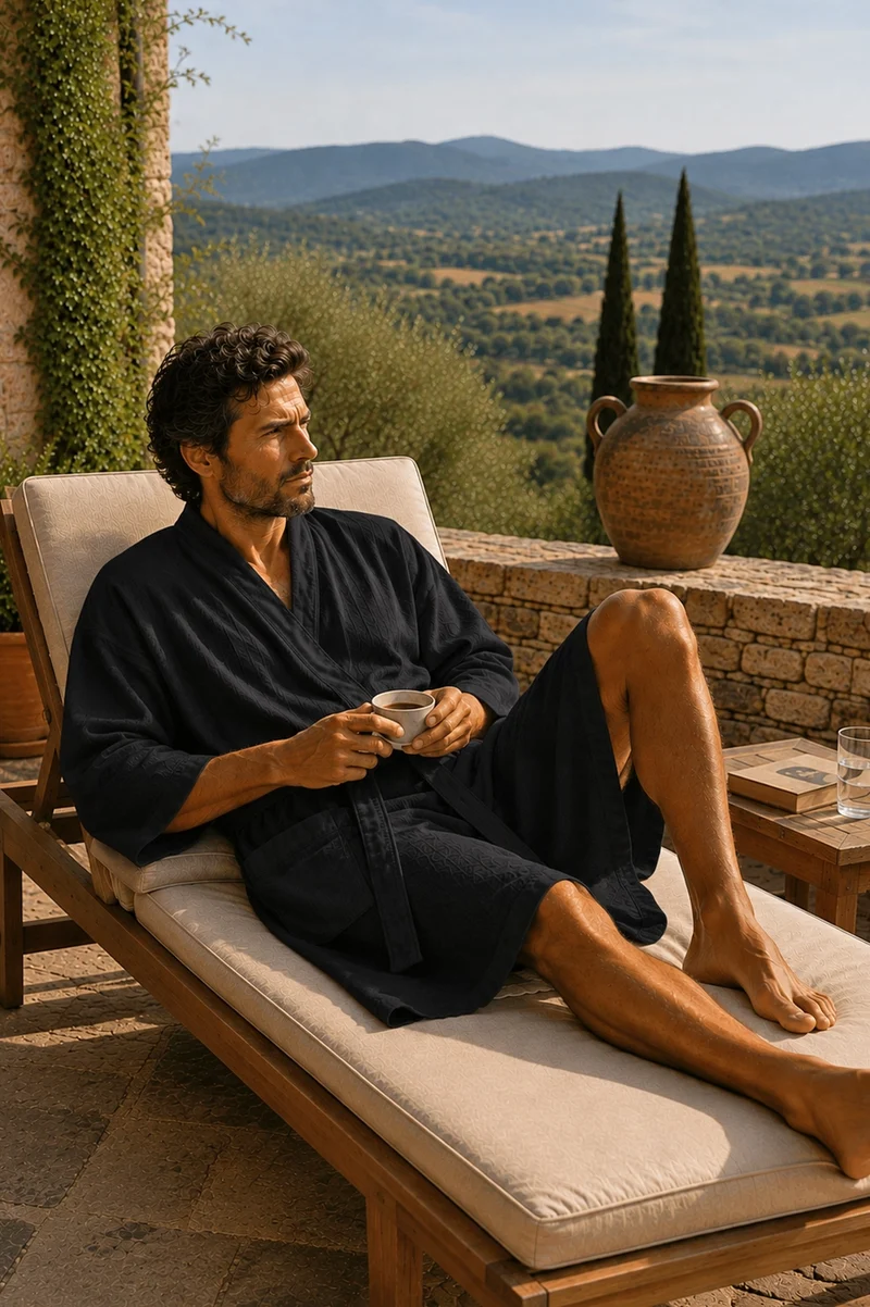 Langer Herren-Bademantel Kimono aus schwarzem Leinen - Nelson
