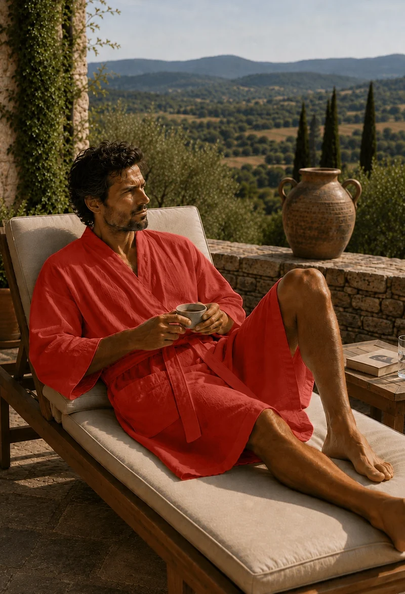 Langer Herren-Bademantel Kimono aus korallenrotem Leinen - Nelson