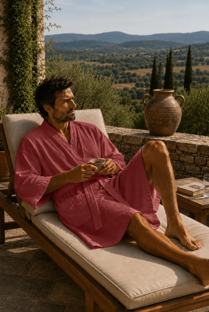 Langer Herren-Bademantel Kimono aus ziegelrotem Leinen - Nelson