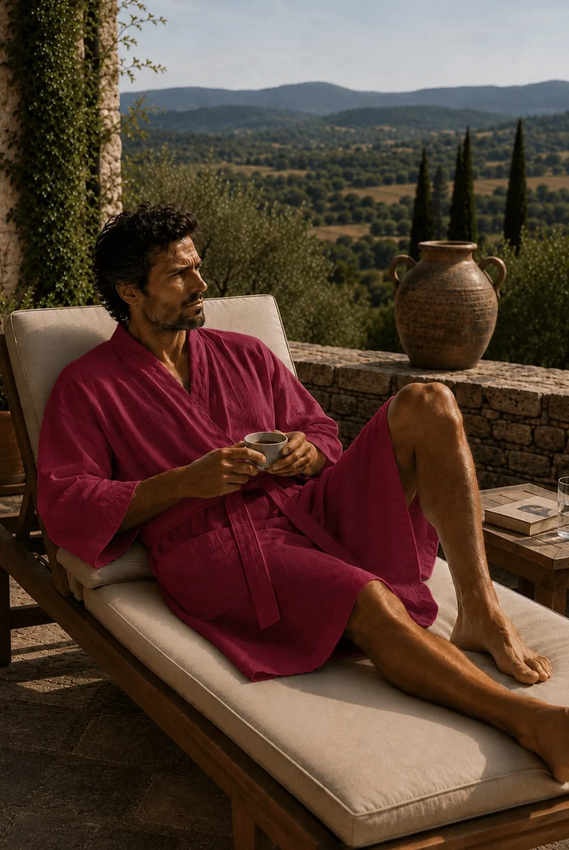 Langer Herren-Bademantel Kimono aus bordeauxrotem Leinen - Nelson