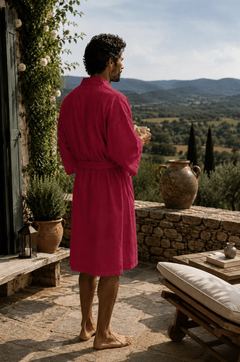Langer Herren-Bademantel Kimono aus bordeauxrotem Leinen - Nelson