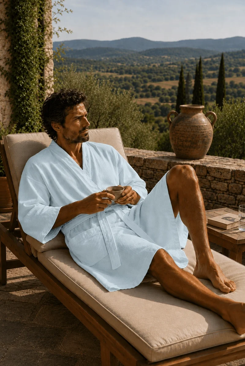Langer Herren-Bademantel Kimono aus eisblauem Leinen - Nelson