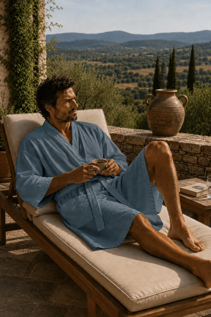 Langer Herren-Bademantel Kimono aus französisch blauem Leinen - Nelson