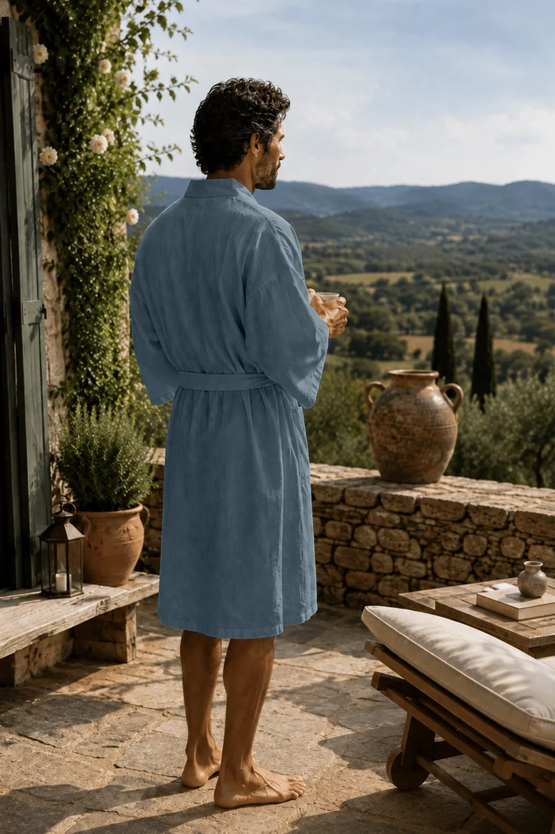 Langer Herren-Bademantel Kimono aus französisch blauem Leinen - Nelson