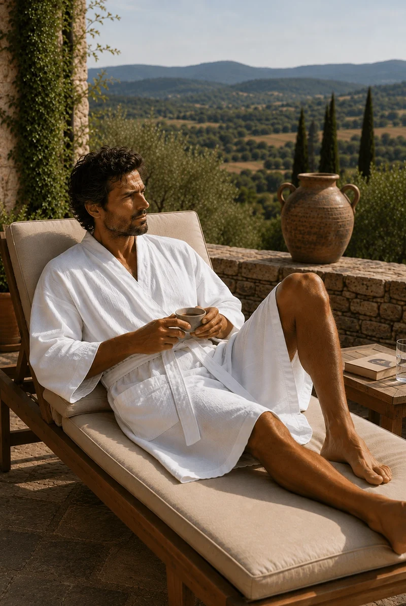 Langer Herren-Bademantel Kimono aus optisch weißem Leinen - Nelson