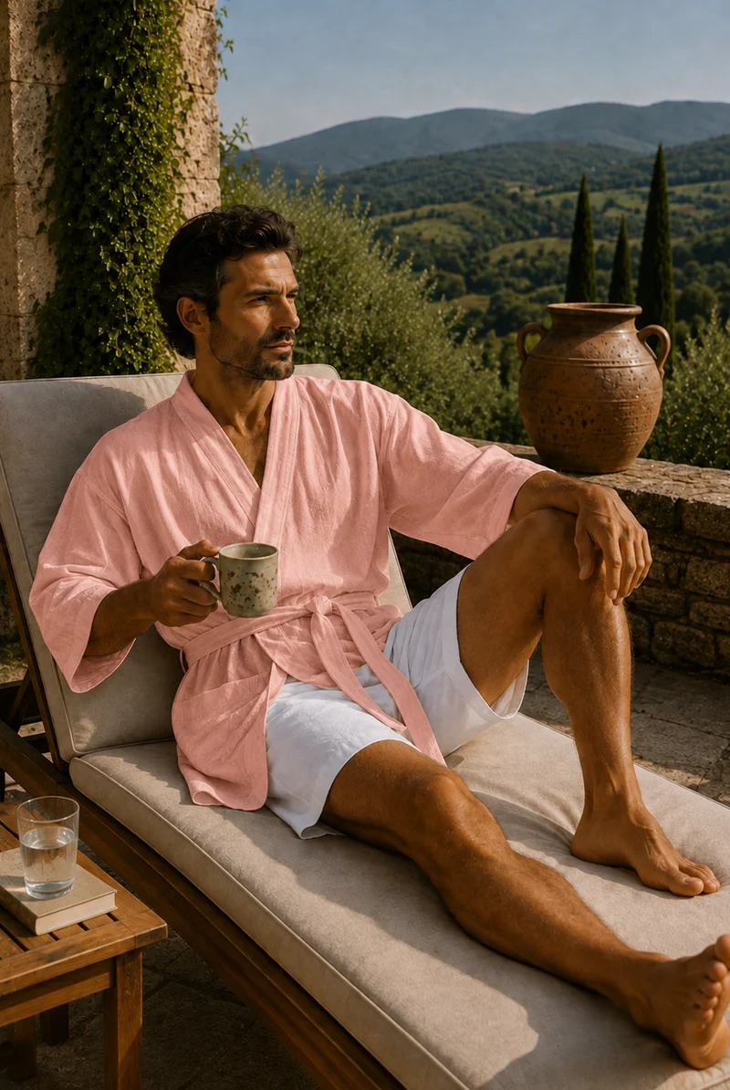 Kurzer Herren-Kimono-Bademantel aus Leinen in Rosa - Orlando