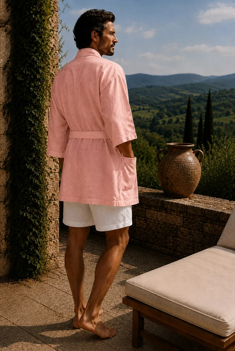Kurzer Herren-Kimono-Bademantel aus Leinen in Rosa - Orlando