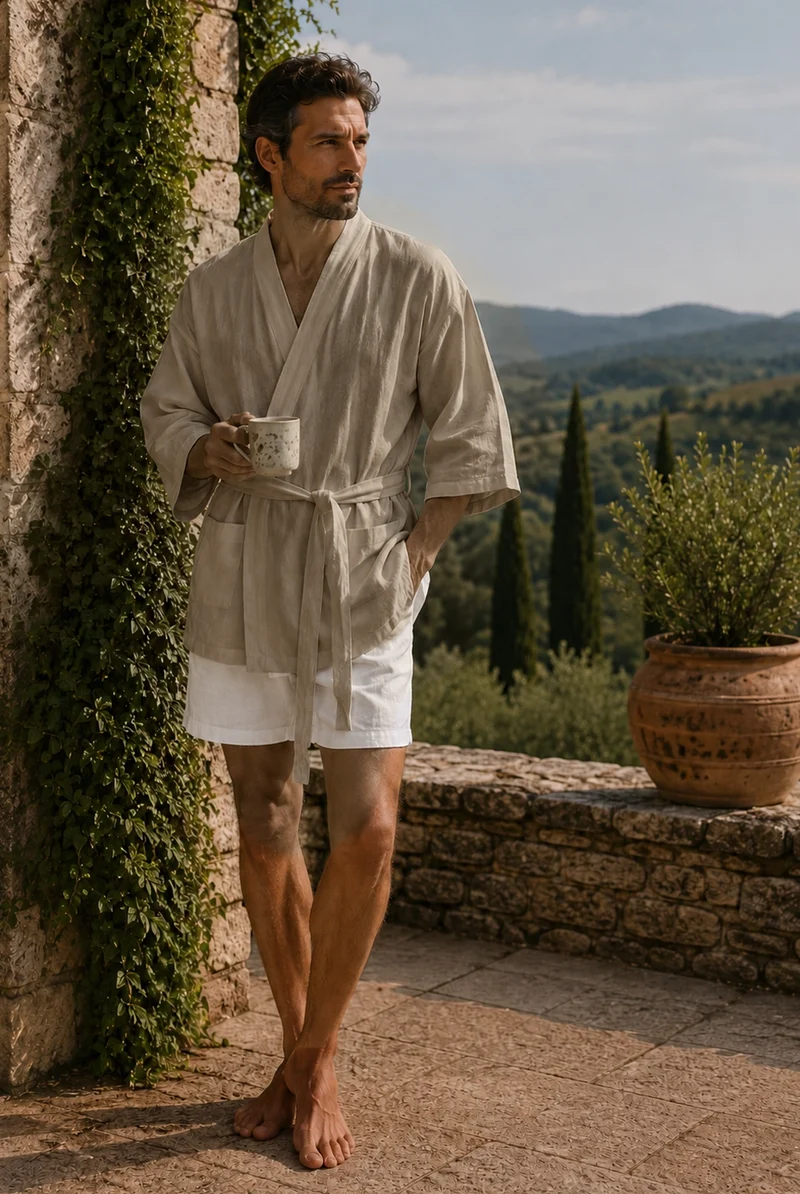 Kurzer Herren-Bademantel Kimono aus naturbeigem Leinen - Orlando