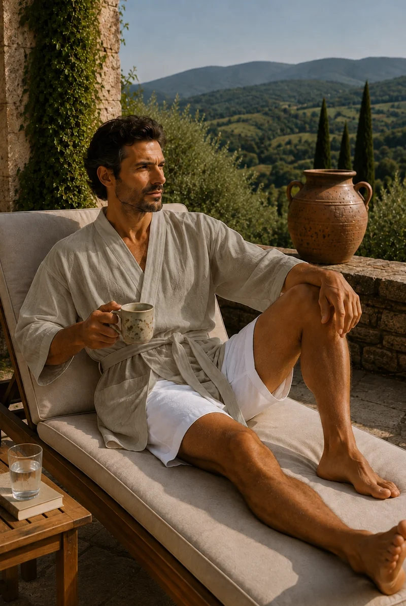 Kurzer Herren-Bademantel Kimono aus naturbeigem Leinen - Orlando