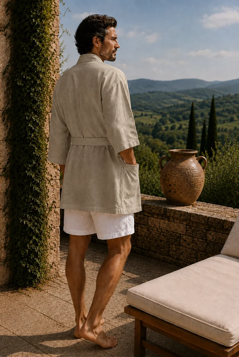 Kurzer Herren-Bademantel Kimono aus naturbeigem Leinen - Orlando