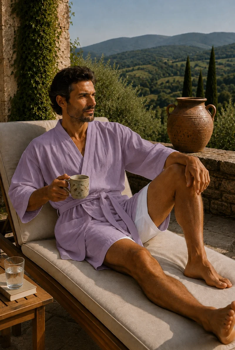 Kurzer Herren-Kimono-Bademantel aus Leinen in Lila - Orlando