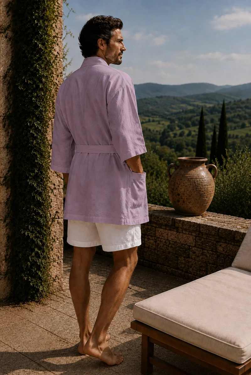 Kurzer Herren-Kimono-Bademantel aus Leinen in Lila - Orlando