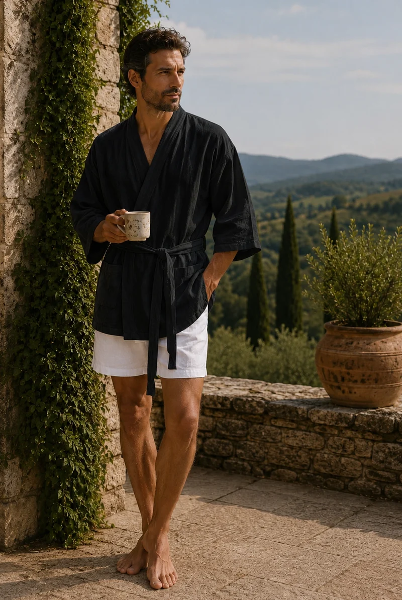 Kurzer Herren-Kimono-Bademantel aus Leinen in Schwarz - Orlando
