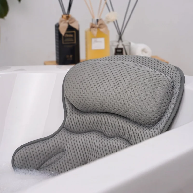 Graues Badewannenkissen mit Nacken- und Rückenstütze – Ergonomisches 4D-Air-Mesh Badekissen mit Saugnäpfen