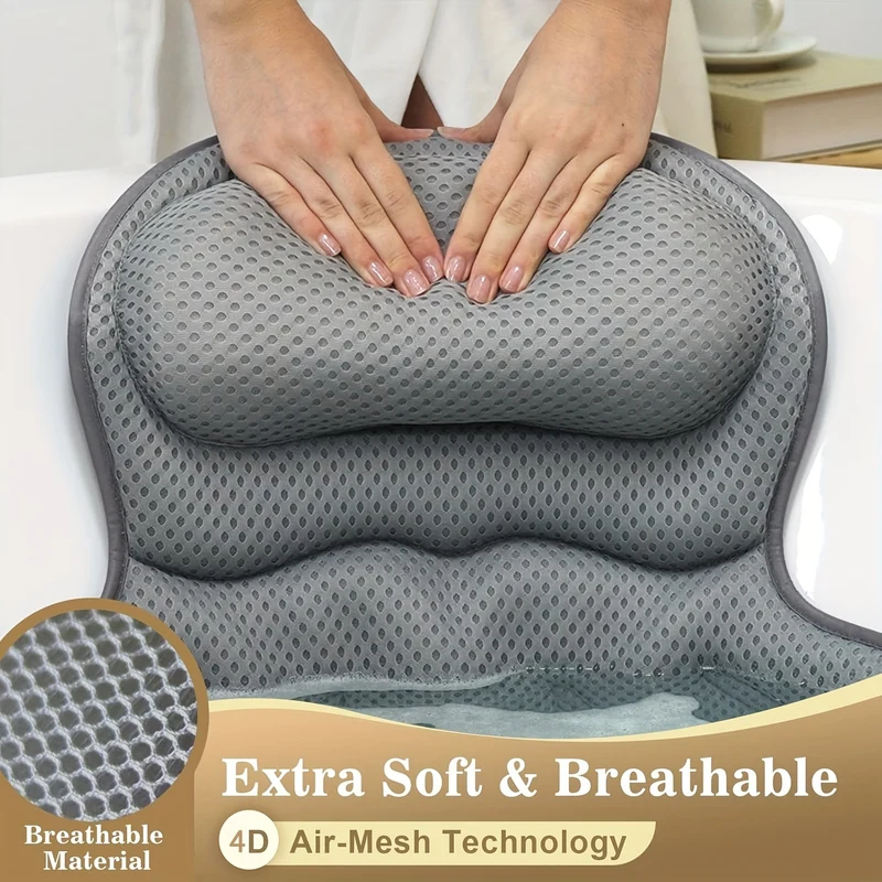 Graues Badewannenkissen mit Nacken- und Rückenstütze – Ergonomisches 4D-Air-Mesh Badekissen mit Saugnäpfen