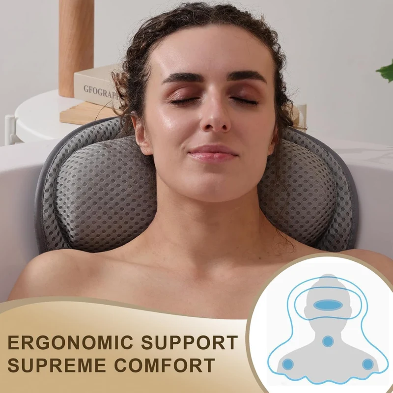 Graues Badewannenkissen mit Nacken- und Rückenstütze – Ergonomisches 4D-Air-Mesh Badekissen mit Saugnäpfen