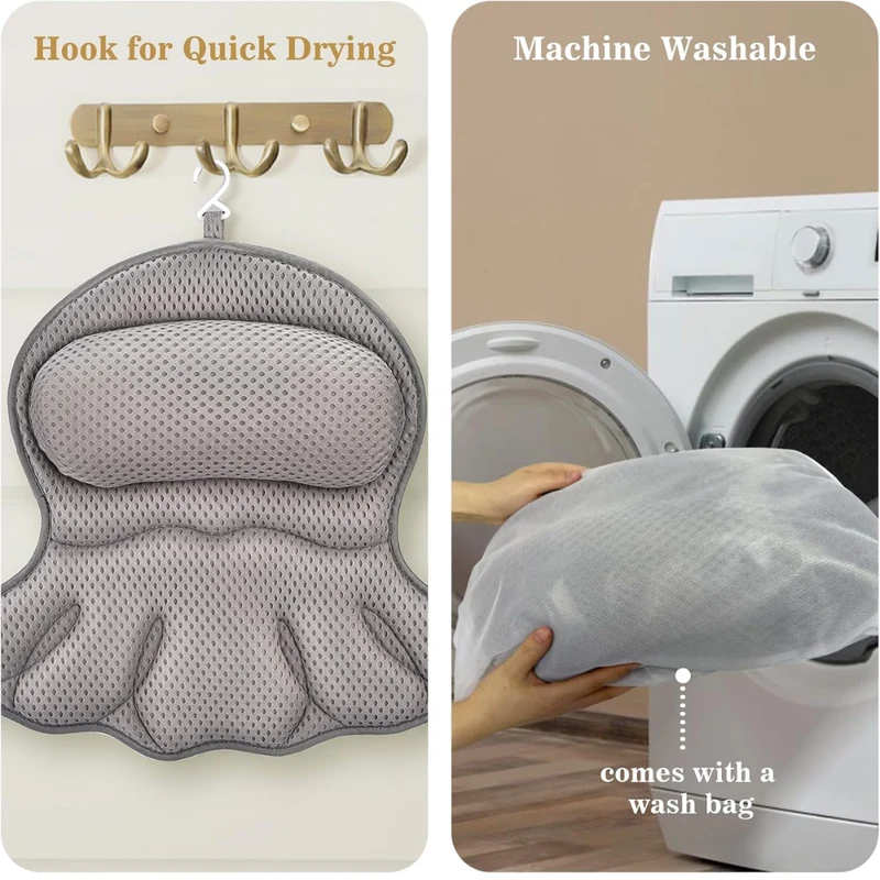 Graues Badewannenkissen mit Nacken- und Rückenstütze – Ergonomisches 4D-Air-Mesh Badekissen mit Saugnäpfen