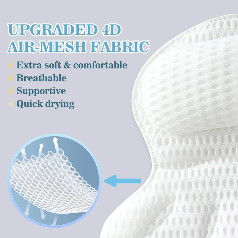Badewannenkissen mit Nacken- und Rückenstütze – Ergonomisches Badekissen aus 4D-Air-Mesh mit 6 Saugnäpfen
