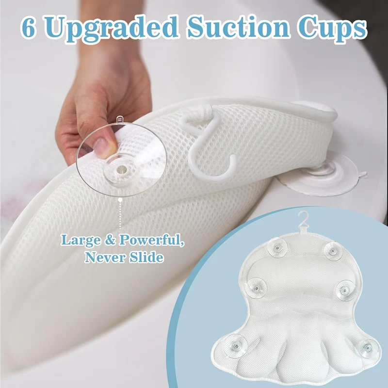 Badewannenkissen mit Nacken- und Rückenstütze – Ergonomisches Badekissen aus 4D-Air-Mesh mit 6 Saugnäpfen