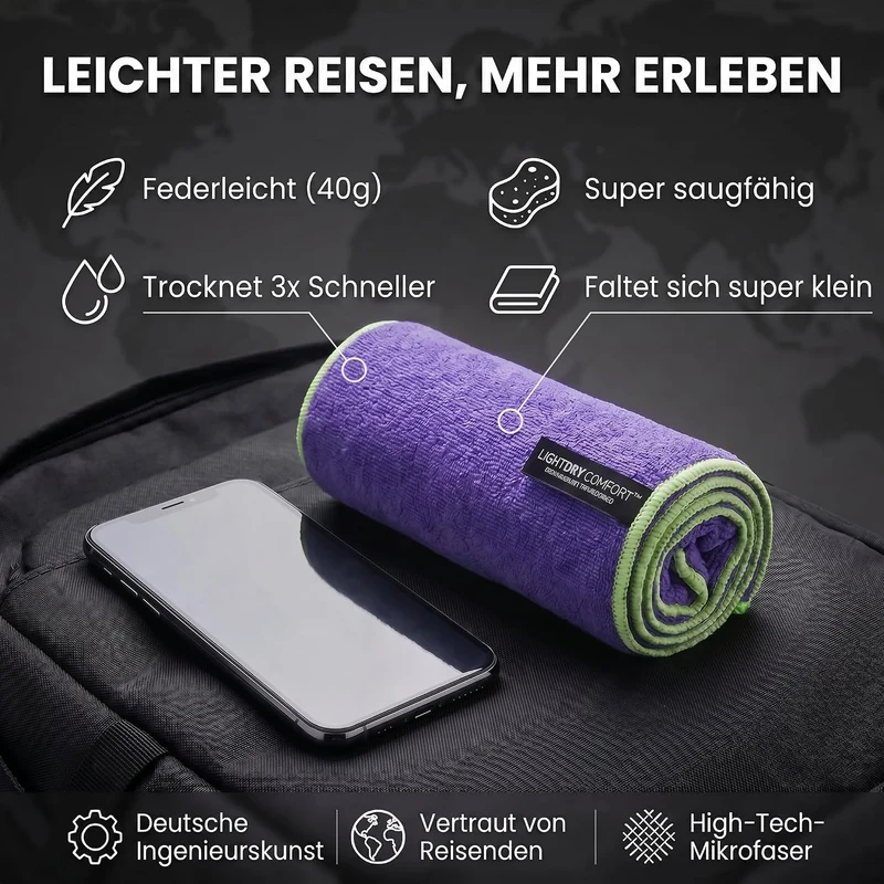 Mikrofaser Reisehandtuch 80x40 cm - Schnelltrocknend & Kompakt Lila