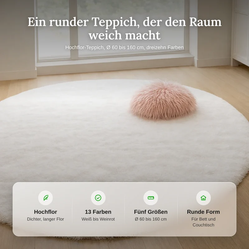 Runder Hochflor-Teppich Ø 60 bis 160 cm – Weicher Shaggy-Teppich für Wohnzimmer und Schlafzimmer